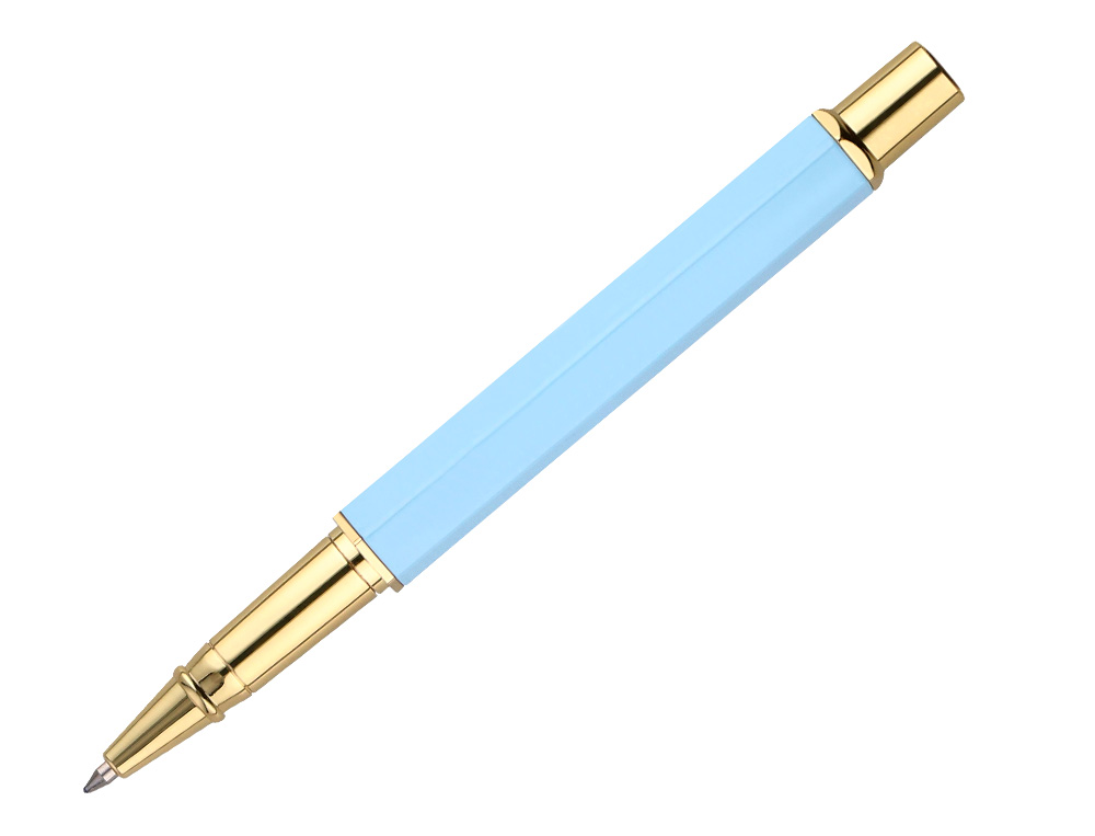 STYLO-BILLE BELIUS MACARON BLISS HEXAGONAL ALUMINIUM DETAILS ET ATTRIBUTS OR ENCRE BLEUE COLORIS BLEU COFFRET CADEAU