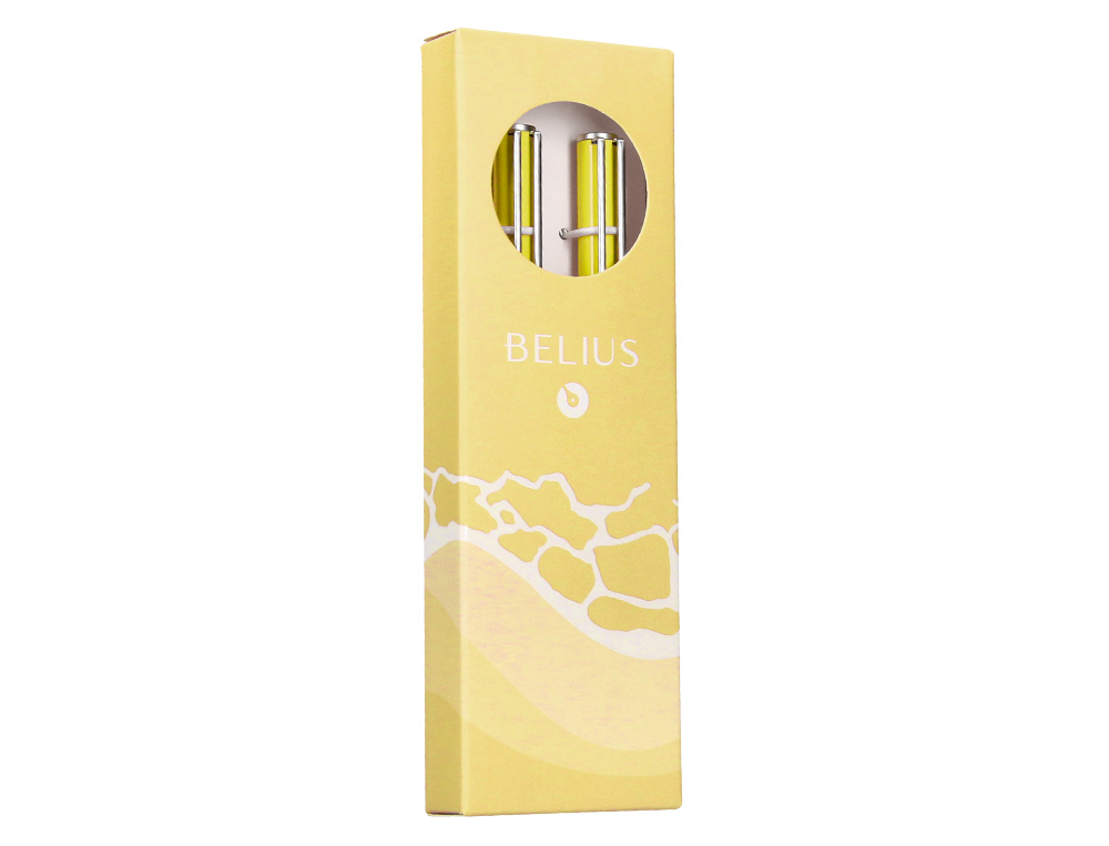 PARURE STYLO-BILLE ET ROLLER BELIUS ENDLESS SUMMER ALUMINIUM ATRIBUTS ARGENT ENCRE BLEUE COLORIS JAUNE COFFRET CADEAU