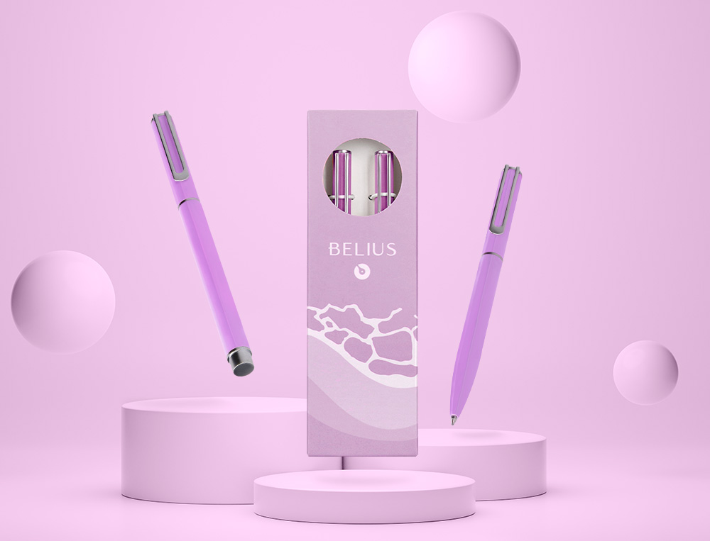 PARURE STYLO-BILLE ET ROLLER BELIUS ENDLESS SUMMER ALUMINIUM ATRIBUTS ARGENT ENCRE BLEUE COLORIS MAUVE COFFRET CADEAU