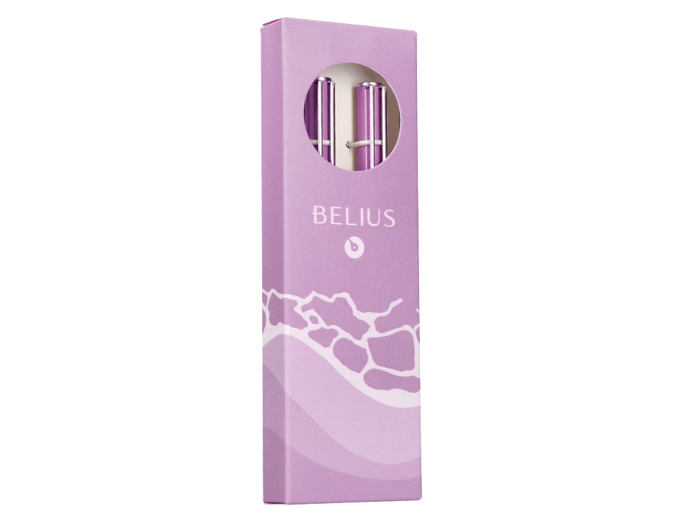 PARURE STYLO-BILLE ET ROLLER BELIUS ENDLESS SUMMER ALUMINIUM ATRIBUTS ARGENT ENCRE BLEUE COLORIS MAUVE COFFRET CADEAU