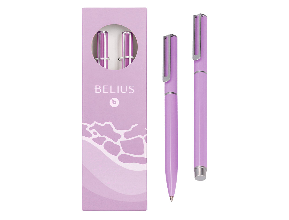 PARURE STYLO-BILLE ET ROLLER BELIUS ENDLESS SUMMER ALUMINIUM ATRIBUTS ARGENT ENCRE BLEUE COLORIS MAUVE COFFRET CADEAU