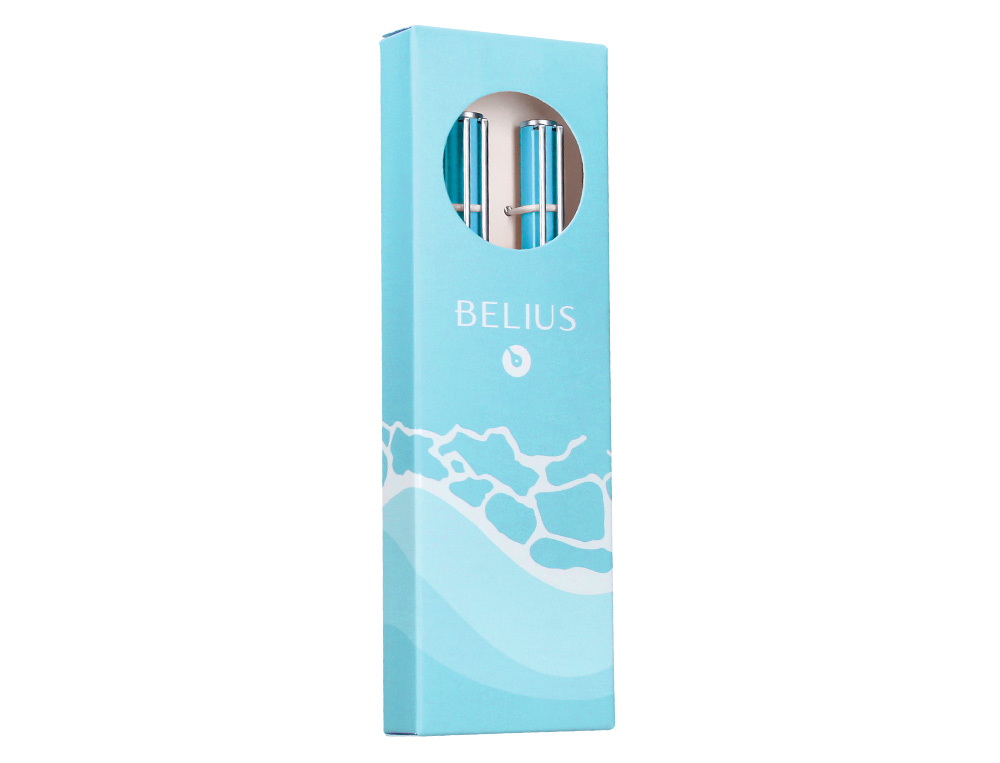 PARURE STYLO-BILLE ET ROLLER BELIUS ENDLESS SUMMER ALUMINIUM ATRIBUTS ARGENT ENCRE BLEUE COLORIS BLEU COFFRET CADEAU