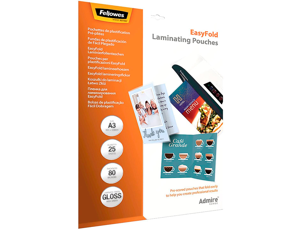 POCHETTES PLASTIFICATION FELLOWES ADMIRE POLYESTER     TRANSPARENT RESISTANT EAU     FORMAT A3 80 MICRONS BT DE 25