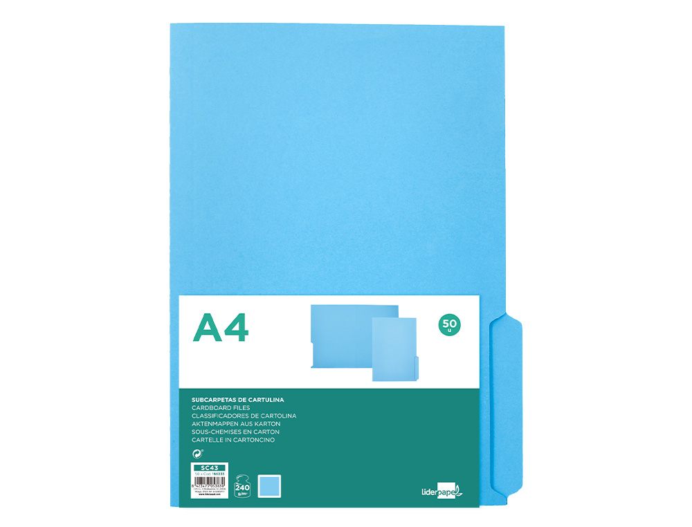 SOUS-CHEMISE LIDERPAPEL PAPIER CARTONNE 240G/M2       DOCUMENT A4 ONGLET INFERIEUR  COLORIS BLEU