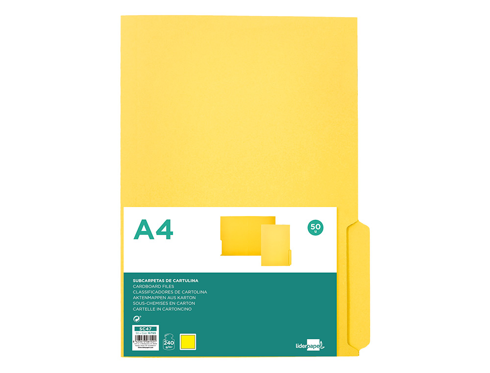 SOUS-CHEMISE LIDERPAPEL PAPIER CARTONNE 240G/M2 DOCUMENT A4 ONGLET INFERIEUR COLORIS JAUNE