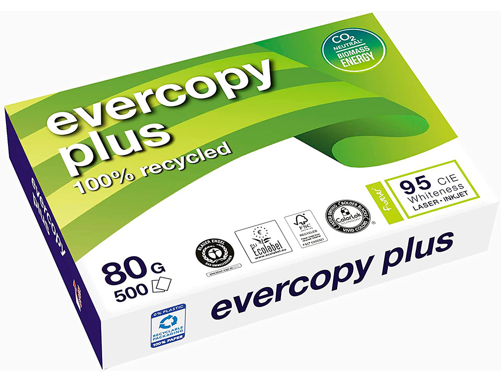 PAPIER CLAIREFONTAINE BLANC 100% RECYCLE MULTIFONCTION    EVERCOPY A4 80G/M2 BLANCHEUR  95 CIE