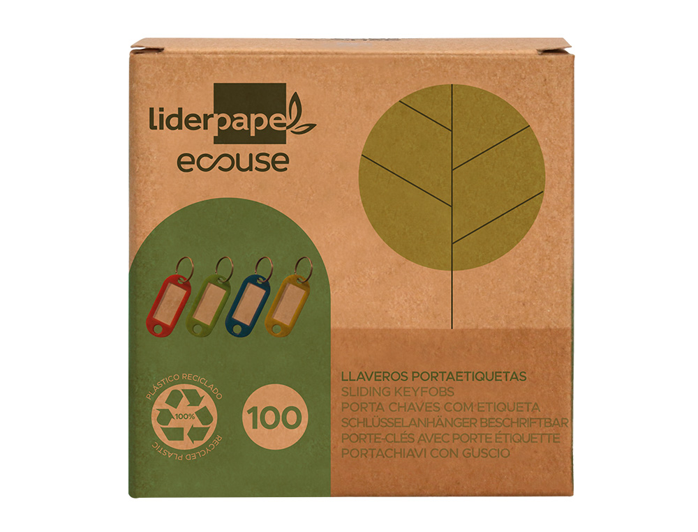 PORTE-CLES AVEC PORTE-ETIQUETTES LIDERPAPEL   ECOUSE PLASTIQUE 100% RECYCLE 50X22MM BOITE DE 100 ASSORTIS