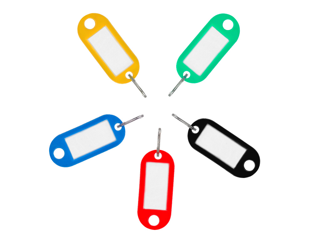 PORTE-CLES AVEC PORTE-ETIQUETTES LIDERPAPEL   ECOUSE PLASTIQUE 100% RECYCLE 50X22MM BOITE DE 100 ASSORTIS