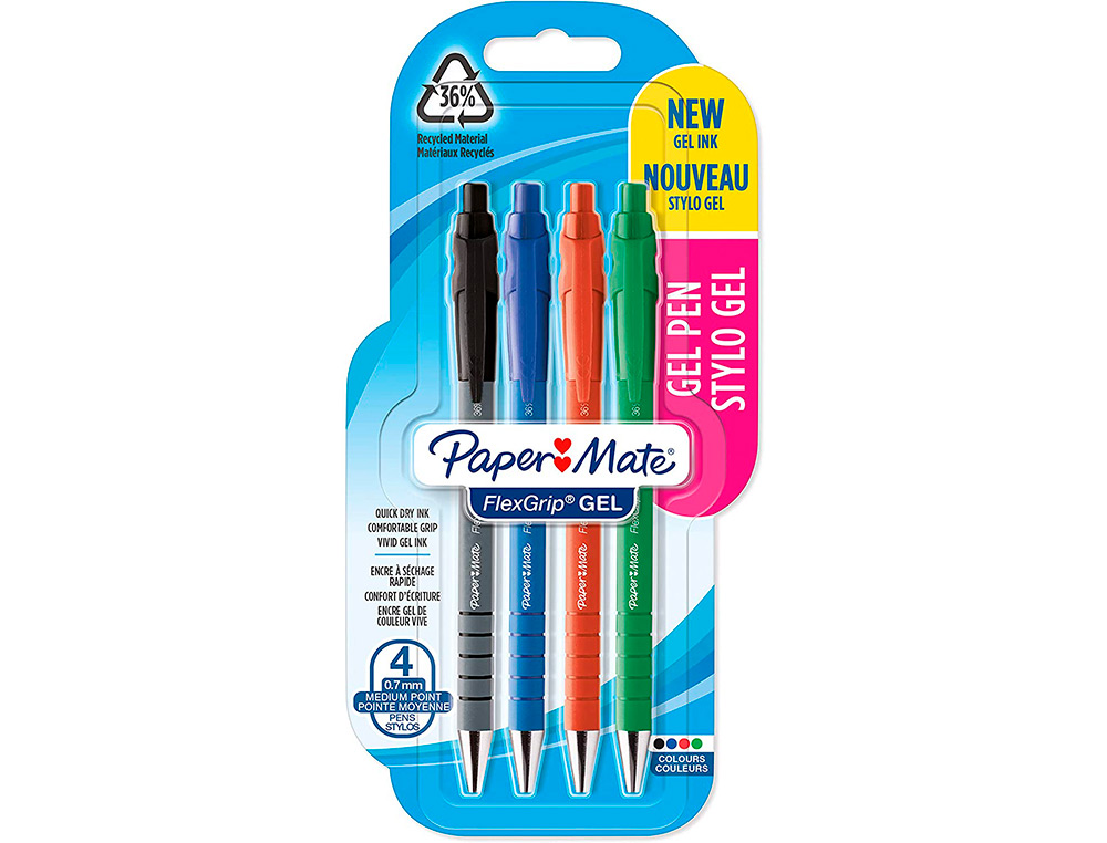 STYLO-GEL PAPER MATE FLEXGRIP RETRACTABLE POINTE MOYENNE    0.7MM COLORIS ASSORTIS        BLISTER DE 4 UNITES
