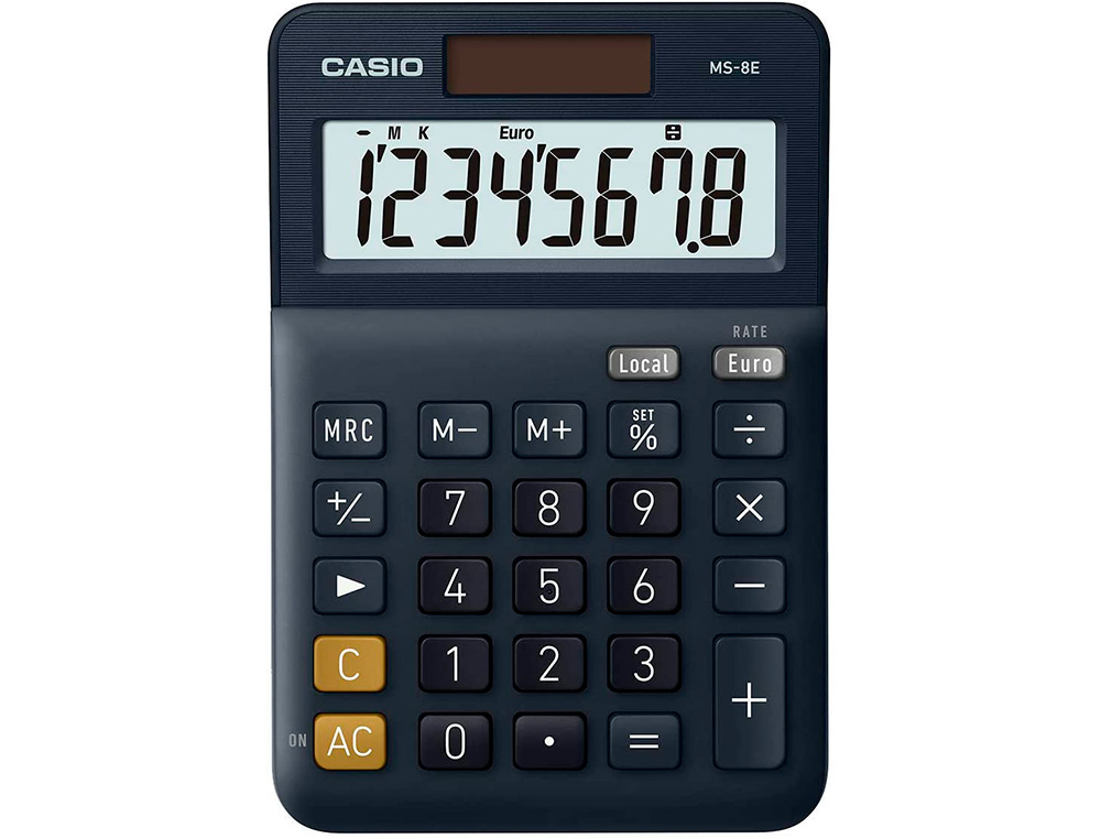 CALCULATRICE CASIO BUREAU MS8E GRAN ECRAN 8 CHIFFRES EURO CONVERTISSEUR MEMOIRE SOLAIRE/PILE COULEUR BLEU