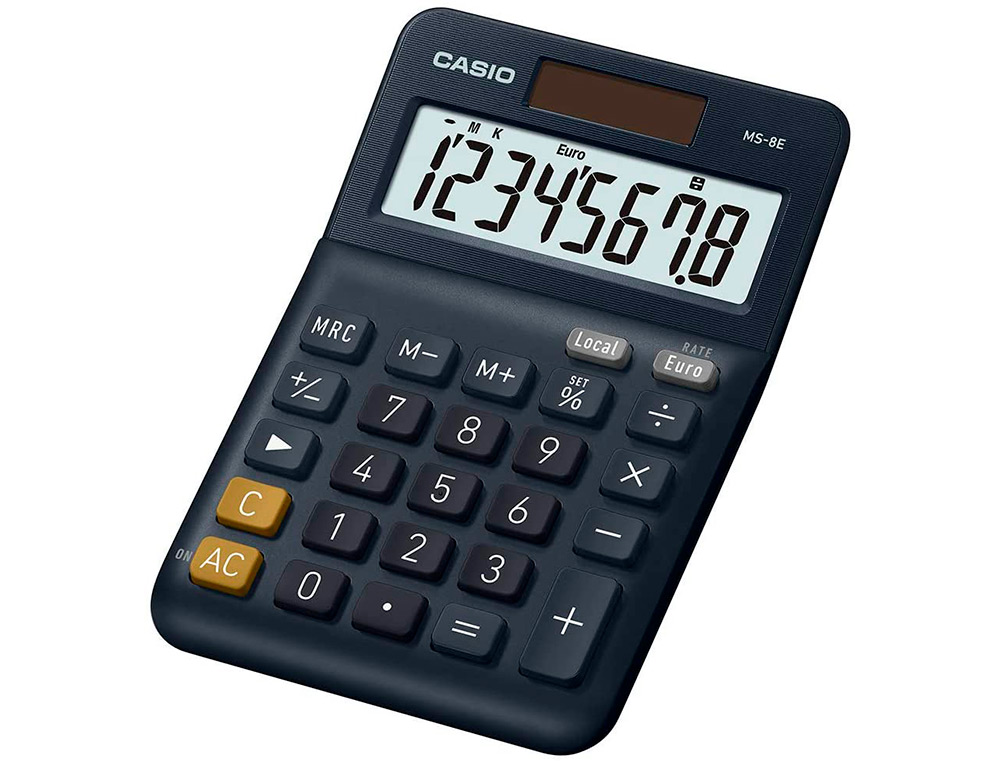 CALCULATRICE CASIO BUREAU MS8E GRAN ECRAN 8 CHIFFRES EURO CONVERTISSEUR MEMOIRE SOLAIRE/PILE COULEUR BLEU