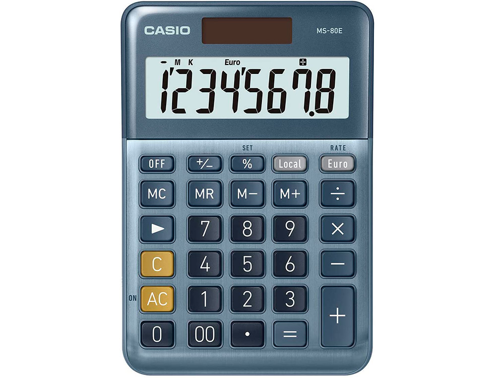 CALCULATRICE CASIO BUREAU MS80E GRAN ECRAN 8 CHIFFRES   EURO CONVERTISSEUR MEMOIRE    SOLAIRE/PILE COULEUR BLEU