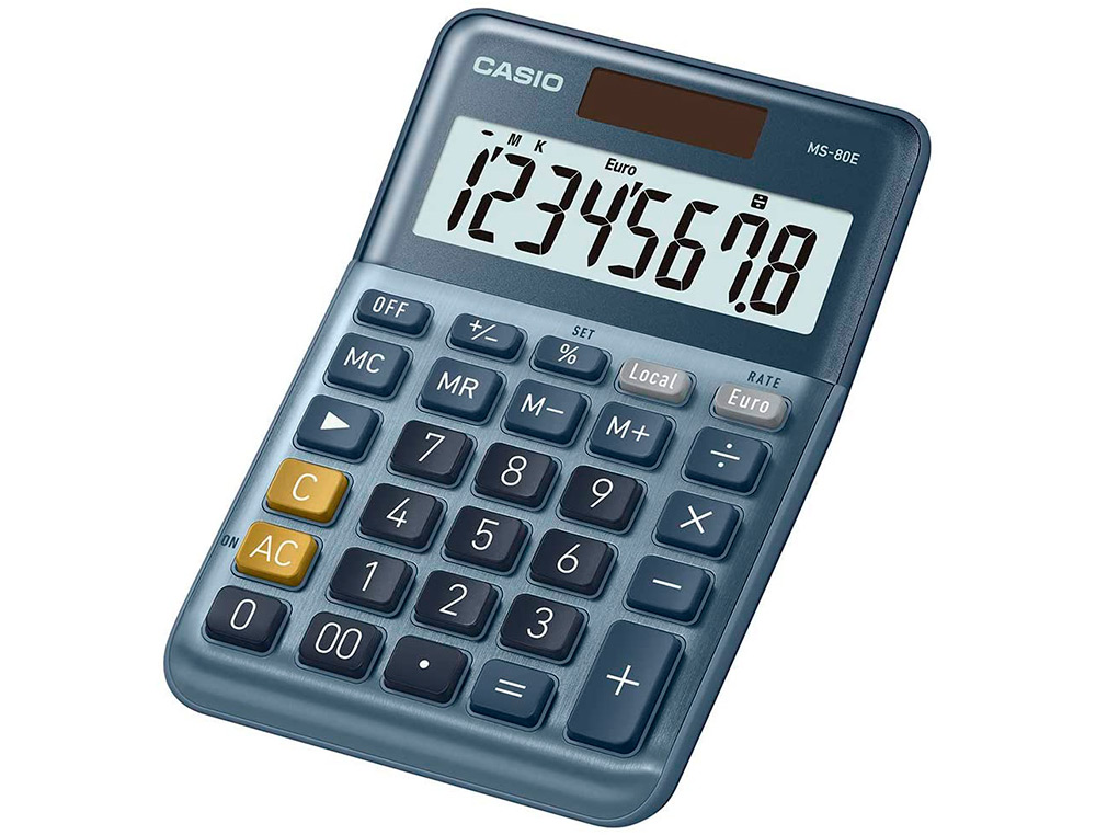 CALCULATRICE CASIO BUREAU MS80E GRAN ECRAN 8 CHIFFRES   EURO CONVERTISSEUR MEMOIRE    SOLAIRE/PILE COULEUR BLEU