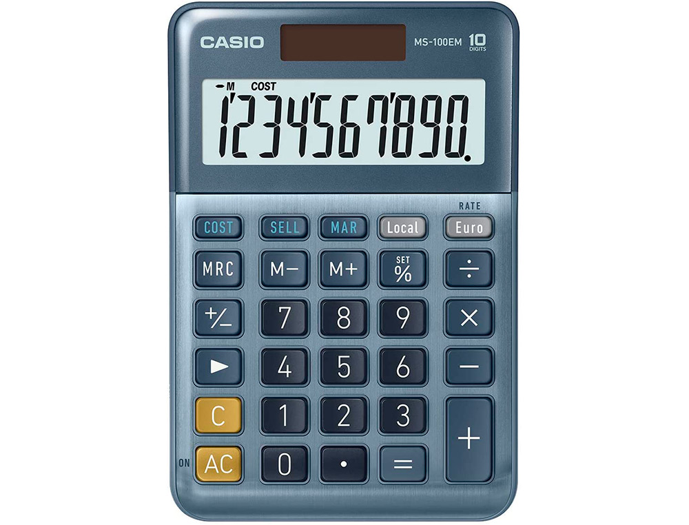 CALCULATRICE CASIO BUREAU MS100EM GRAN ECRAN 10 CHIFFRES EURO CONVERTISSEUR MEMOIRE SOLAIRE/PILE COULEUR