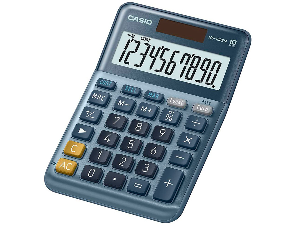 CALCULATRICE CASIO BUREAU MS100EM GRAN ECRAN 10 CHIFFRES EURO CONVERTISSEUR MEMOIRE SOLAIRE/PILE COULEUR