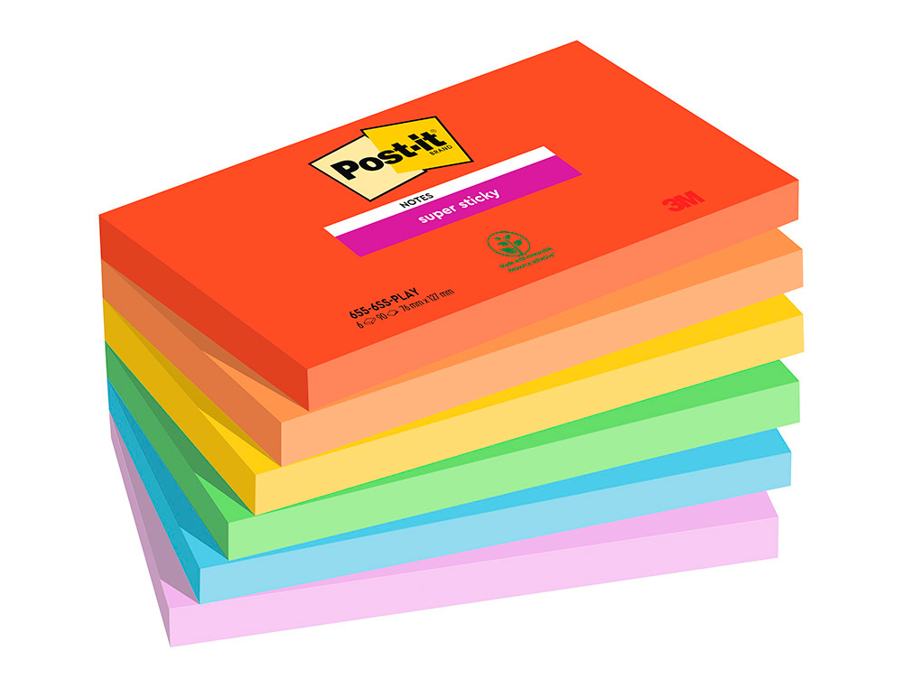 BLOC NOTES POST-IT SUPER STICKY COLLECTION  PLAYFUL 76 X 127 MM, 6 BLOCS 90 FEUILLES