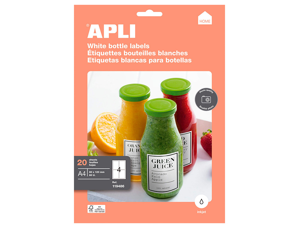 ETIQUETTES APLI BLANC MAT 80X120 MM POUR BOUTEILLES JET D'ENCRE. PACK DE 80