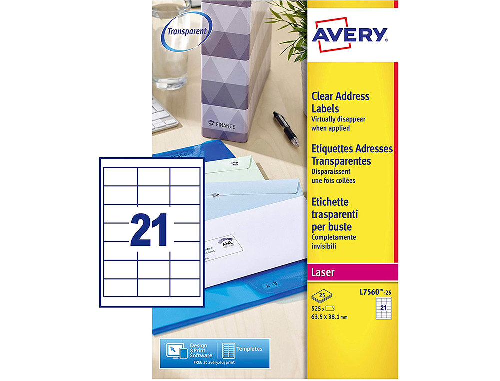 ETIQUETTE AUTOCOLLANTE AVERY ADRESSE JET ENCRE TRANSPARENT 63,5 X 38,1 MM BOITE DE 525