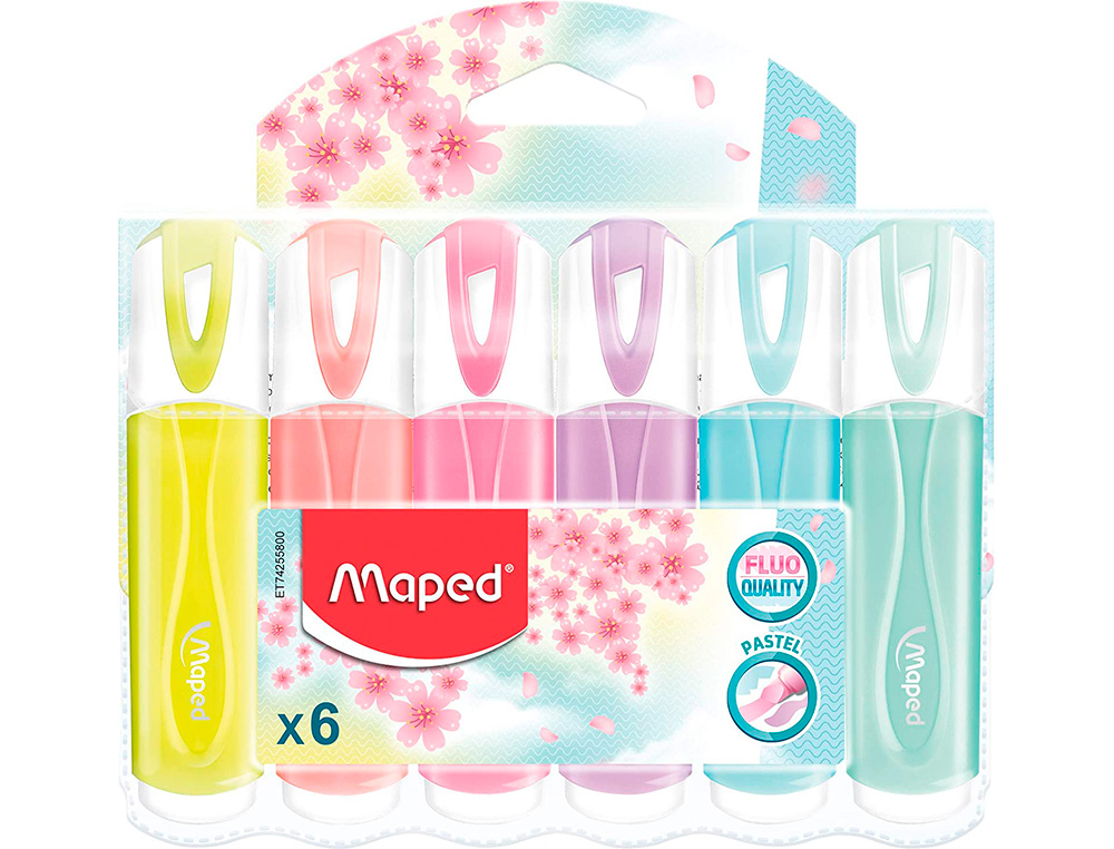 SURLIGNEUR MAPED FLUO'PEPS FLUORESCENT CLASSIC COULEURS  PASTEL ASSORTIES POCHETTE DE  6