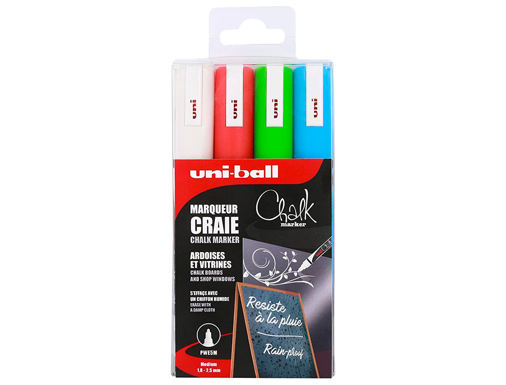 MARQUEURS UNIBALL CHALK CRAIE POINTE CONIQUE MOYENNE BLANC  - VERT FLUO - ROUGE - BLEU    CLAIR POCHETTE DE 4 UNITES