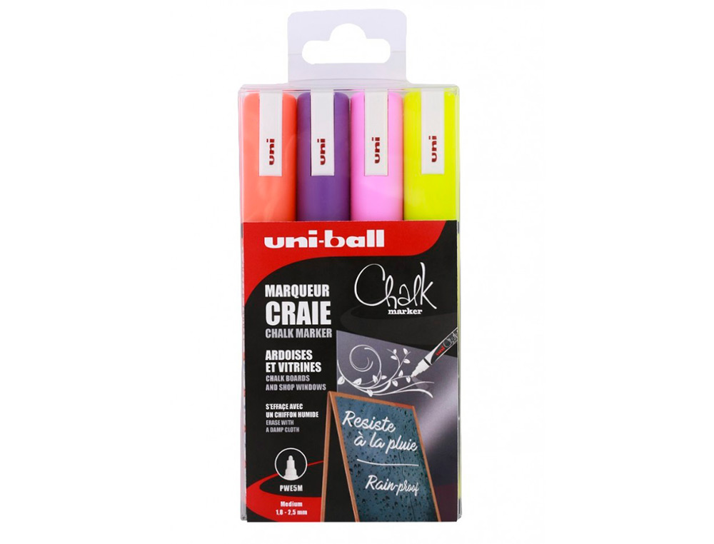 MARQUEURS UNIBALL CHALK CRAIE POINTE CONIQUE MOYENNE JAUNE  FLUO - ORANGE FLUO - ROSE     FLUO - VIOLET POCHETTE DE 4