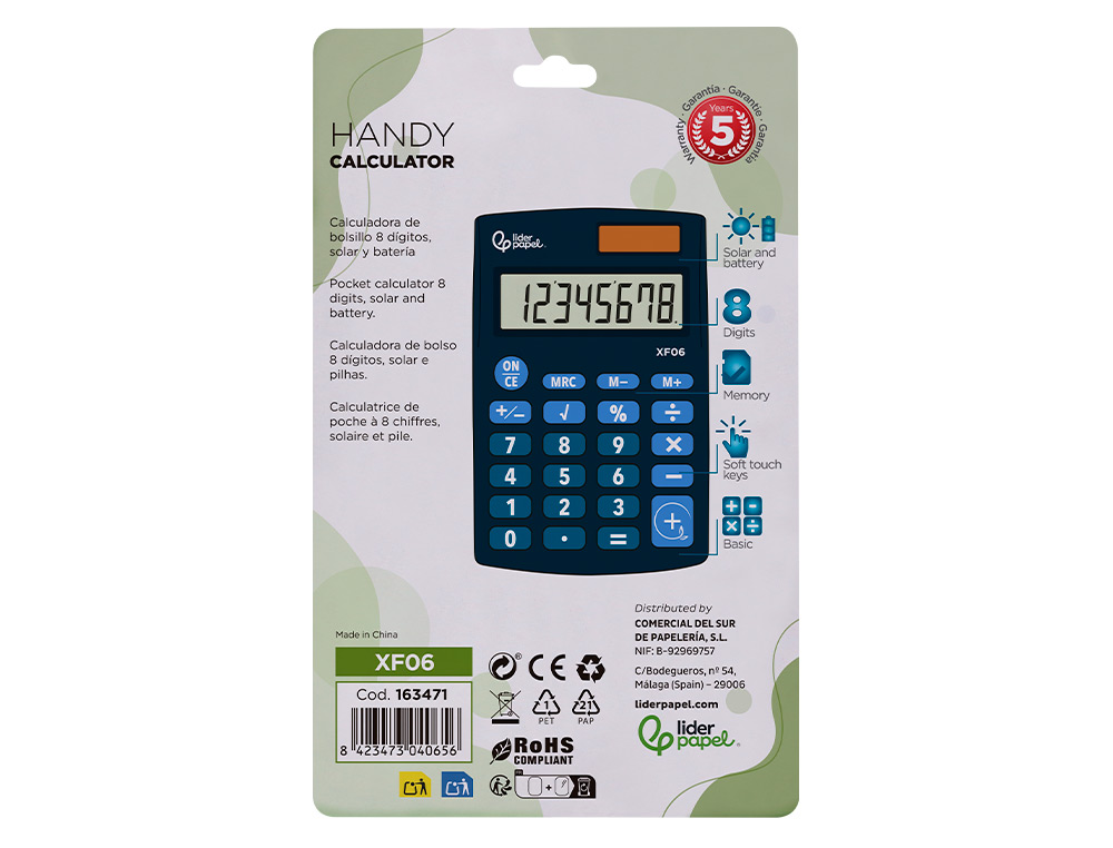 CALCULATRICE DE POCHE XF05 8 CHIFFRES SOLAIRE ET PILES     98X62X8 MM COLORIS BLEU