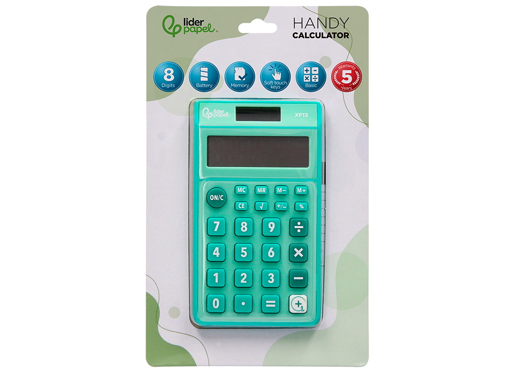 CALCULATRICE DE POCHE LIDERPAPEL XF13 8 CHIFFRES    SOLAIRE ET PILES 115X65X8 MM  COLORIS VERT