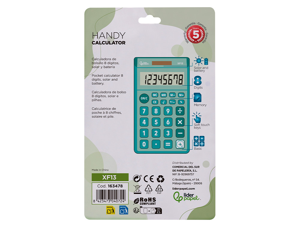 CALCULATRICE DE POCHE LIDERPAPEL XF13 8 CHIFFRES    SOLAIRE ET PILES 115X65X8 MM  COLORIS VERT