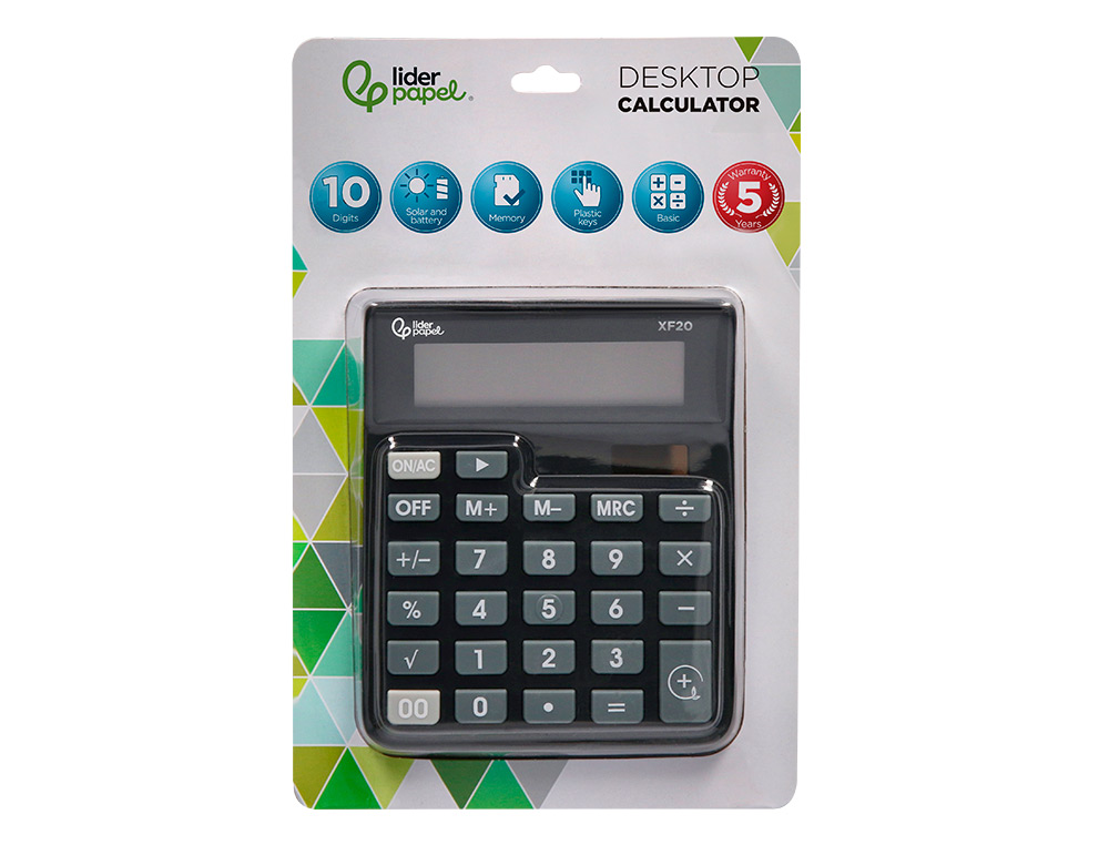 CALCULATRICE DE BUREAU LIDERPAPEL XF20 10 CHIFFRES   SOLAIRE ET PILES 127X105X24   MM COLORIS NOIR