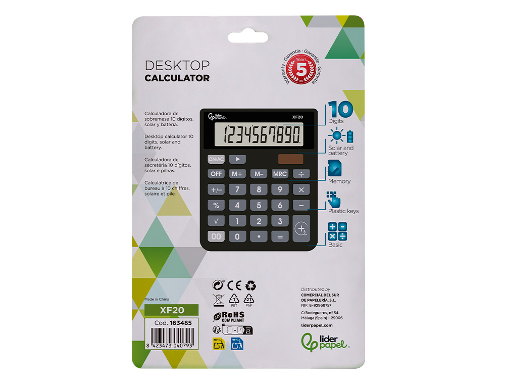 CALCULATRICE DE BUREAU LIDERPAPEL XF20 10 CHIFFRES   SOLAIRE ET PILES 127X105X24   MM COLORIS NOIR