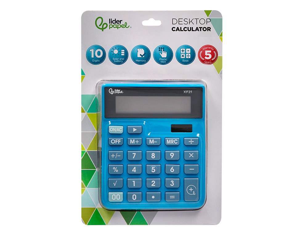 CALCULATRICE DE BUREAU LIDERPAPEL XF21 10 CHIFFRES   SOLAIRE ET PILES 127X105X24   MM COLORIS BLEU