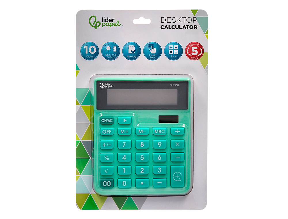 CALCULATRICE DE BUREAU LIDERPAPEL XF24 10 CHIFFRES SOLAIRE ET PILES 127X105X24 MM COLORIS VERT
