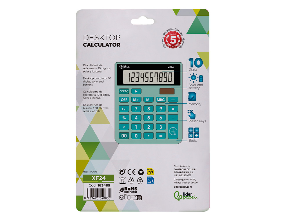 CALCULATRICE DE BUREAU LIDERPAPEL XF24 10 CHIFFRES SOLAIRE ET PILES 127X105X24 MM COLORIS VERT
