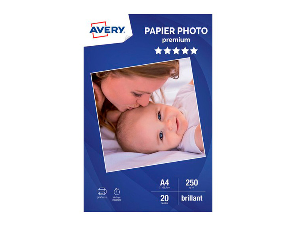 PAPIER PHOTO AVERY BRILLANT 250G A4 PAQUET DE 20 FEUILLES