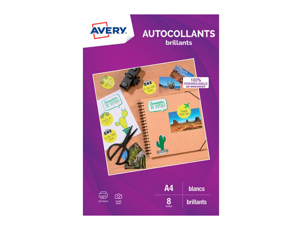 AUTOCOLLANTS AVERY BRILLANT A4 JET D ENCRE PAQUET DE 8    COLORIS BLANC