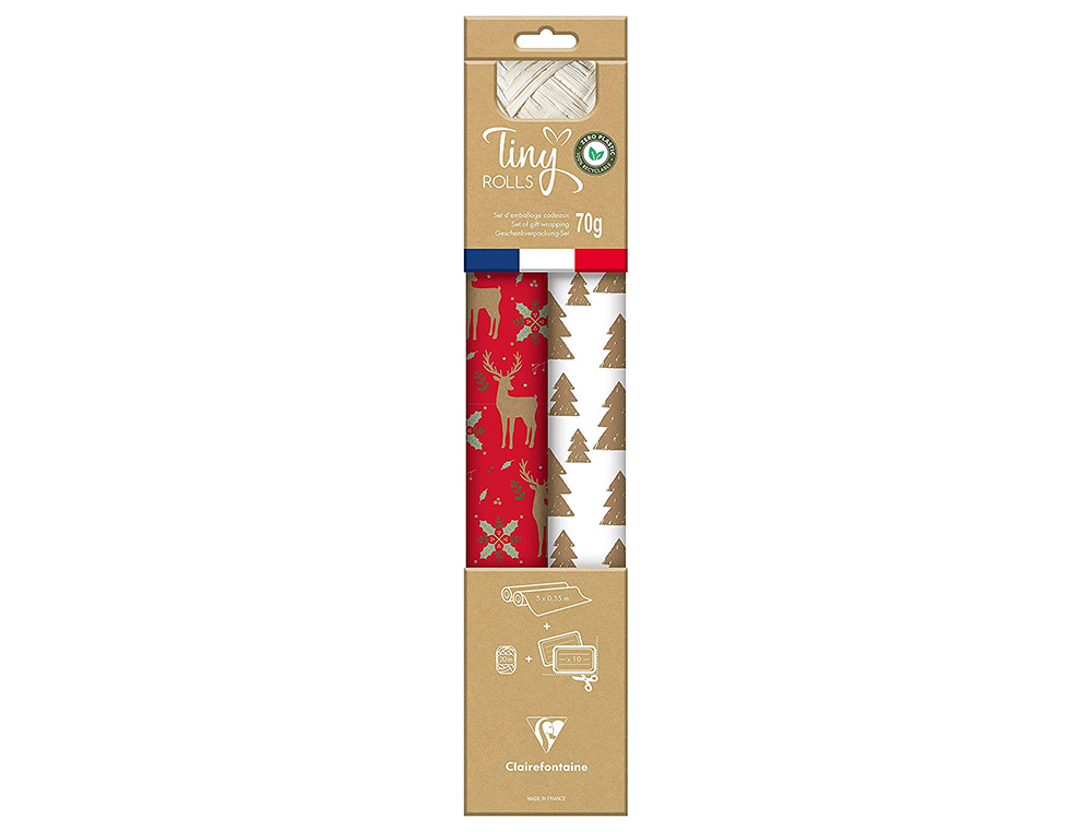SET D'EMBALLAGE CADEAU NO L COMPOS DE 2 ROULEAUX TINY ROLLS 5MX35CM + 1 ROULEAU BOLDUC 20M + 10 TIQUETTES