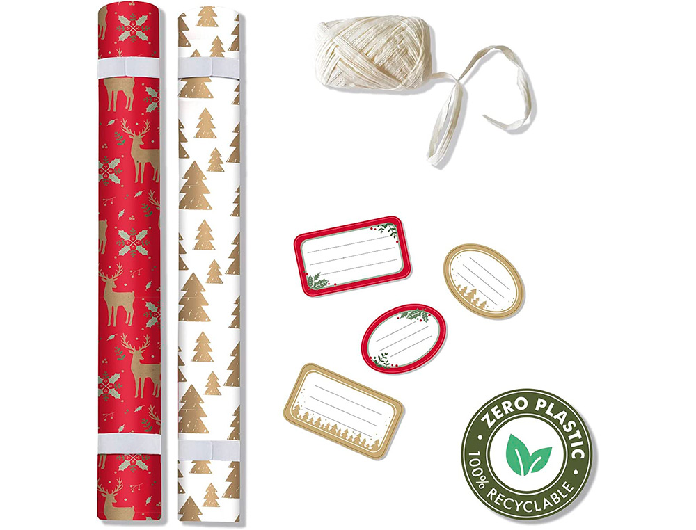 SET D'EMBALLAGE CADEAU NO L COMPOS DE 2 ROULEAUX TINY ROLLS 5MX35CM + 1 ROULEAU BOLDUC 20M + 10 TIQUETTES