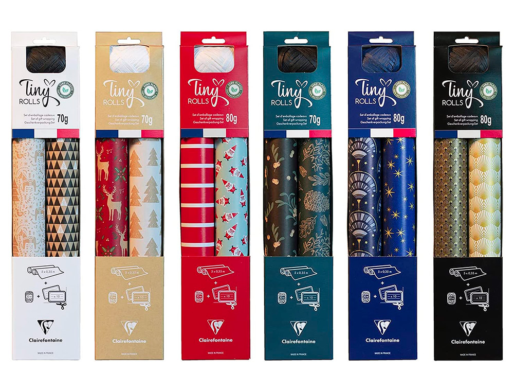 SET D'EMBALLAGE CADEAU NO L COMPOS DE 2 ROULEAUX TINY ROLLS 5MX35CM + 1 ROULEAU BOLDUC 20M + 10 TIQUETTES