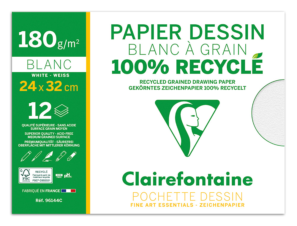 POCHETTE DESSIN   GRAIN 100% RECYCL  24X32CM 180GR 12F