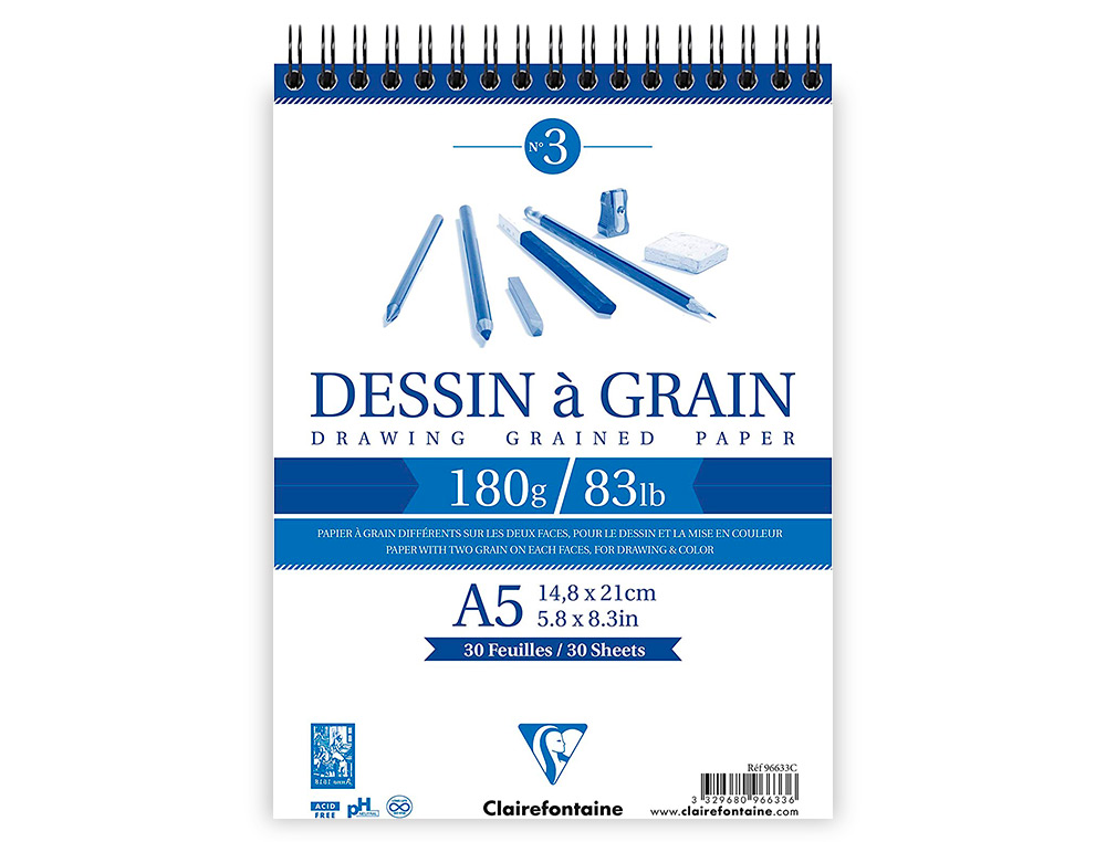 BLOC DESSIN   GRAIN CLAIREFONTAINE A5 SPIRALE     BLANC 14,8CMX21CM 180GR 30F