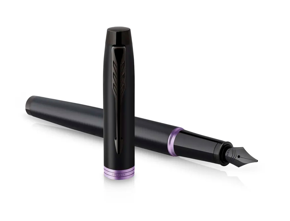 STYLO-PLUME PARKER IM VIBRANT RINGS NOIR LAQUE DETAILS VIOLET AMETHYSTE POINTE MOYENNE ENCRE BLEU ETUI