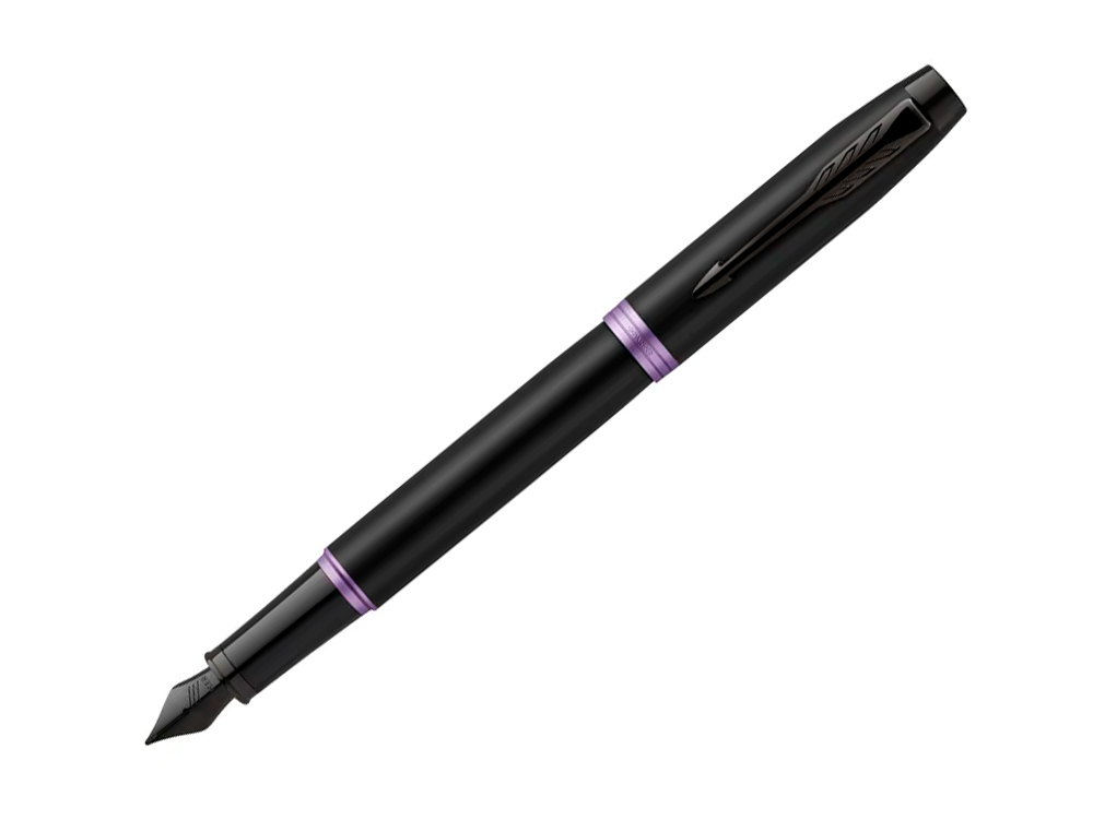 STYLO-PLUME PARKER IM VIBRANT RINGS NOIR LAQUE DETAILS VIOLET AMETHYSTE POINTE MOYENNE ENCRE BLEU ETUI