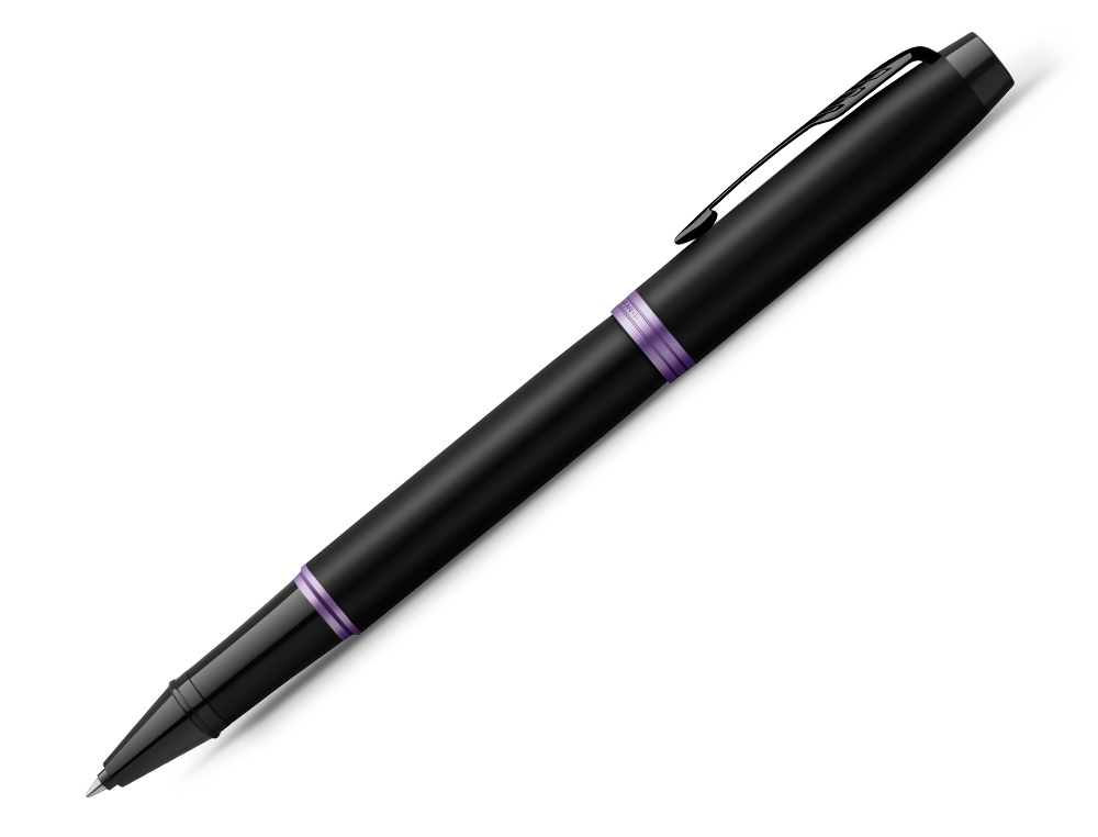 STYLO ROLLER PARKER IM VIBRANT RINGS NOIR LAQUE      DETAILS AMETHYSTE POINTE FINE ENCRE NOIR ETUI CADEAU