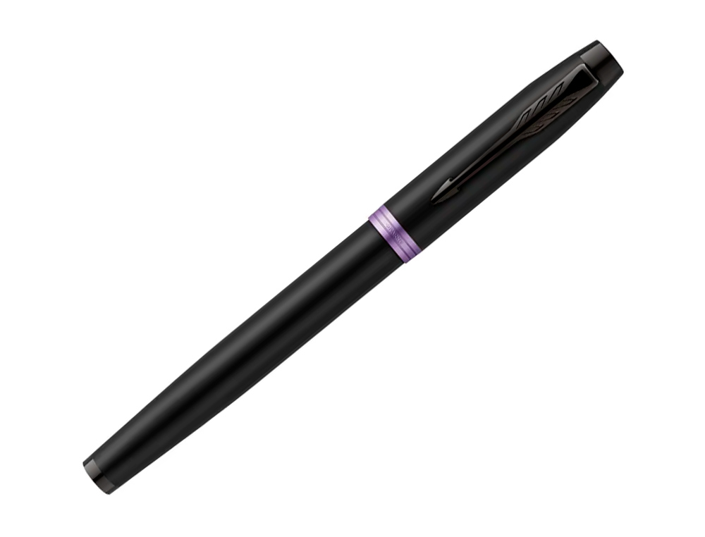 STYLO ROLLER PARKER IM VIBRANT RINGS NOIR LAQUE      DETAILS AMETHYSTE POINTE FINE ENCRE NOIR ETUI CADEAU