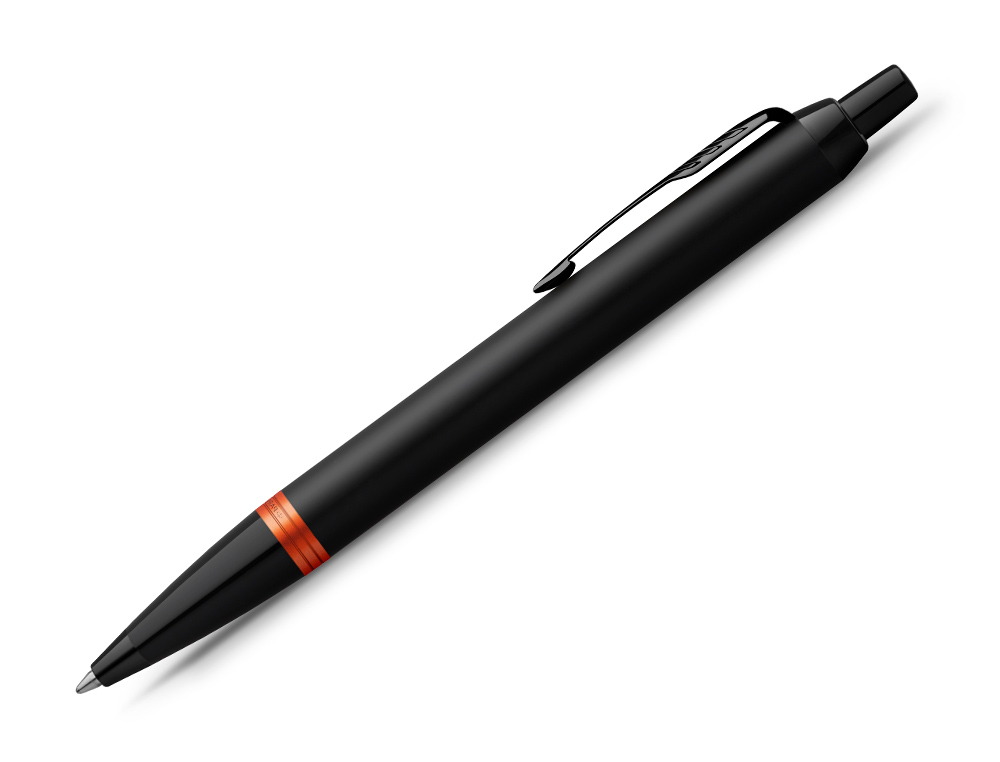 STYLO-BILLE PARKER IM VIBRANT RINGS NOIR LAQUE DETAILS      ORANGE VIF POINTE MOYENNE     ENCRE BLEU ETUI CADEAU