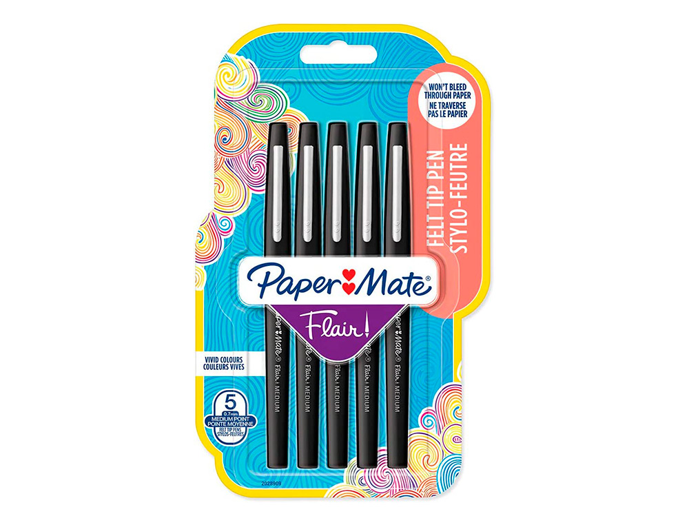 FEUTRE ECRITURE PAPER MATE FLAIR ORIGINAL POINTE MOYENNE 0,7MM ENCRES NOIR BLISTER 5   COULEURS