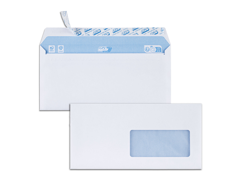ENVELOPPE GPV FENETRE 45MM VELIN BLANC 90G DL 110X220MM BANDE ADHESIVE BLOC 50 UNITES