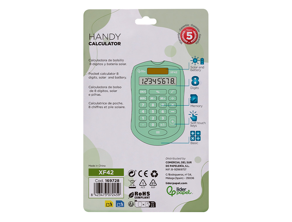 CALCULATRICE DE POCHE LIDERPAPEL XF42 8 CHIFFRES    SOLAIRE ET PILES              94X59,5X10,5MM COLORIS VERT