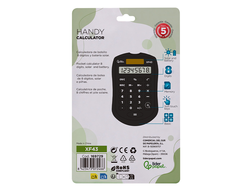 CALCULATRICE DE POCHE LIDERPAPEL XF43 8 CHIFFRES    SOLAIRE ET PILES              94X59,5X10,5MM COLORIS NOIR