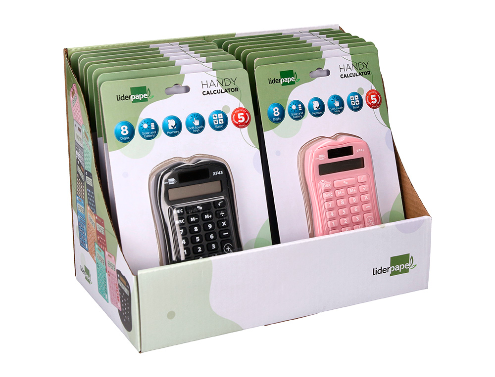 PRESENTOIR LIDERPAPEL CALCULATRICE DE POCHE XF44 8  CHIFFRES SOLAIRE ET PILES     94X59,5X10,5MM COLORIS